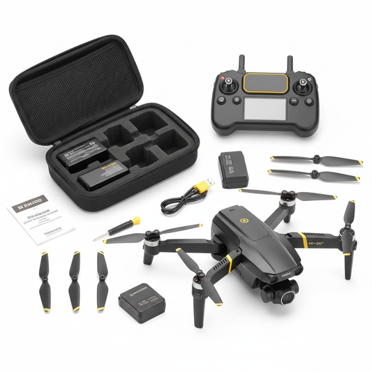 Drone con accesorios, control remoto y maletín