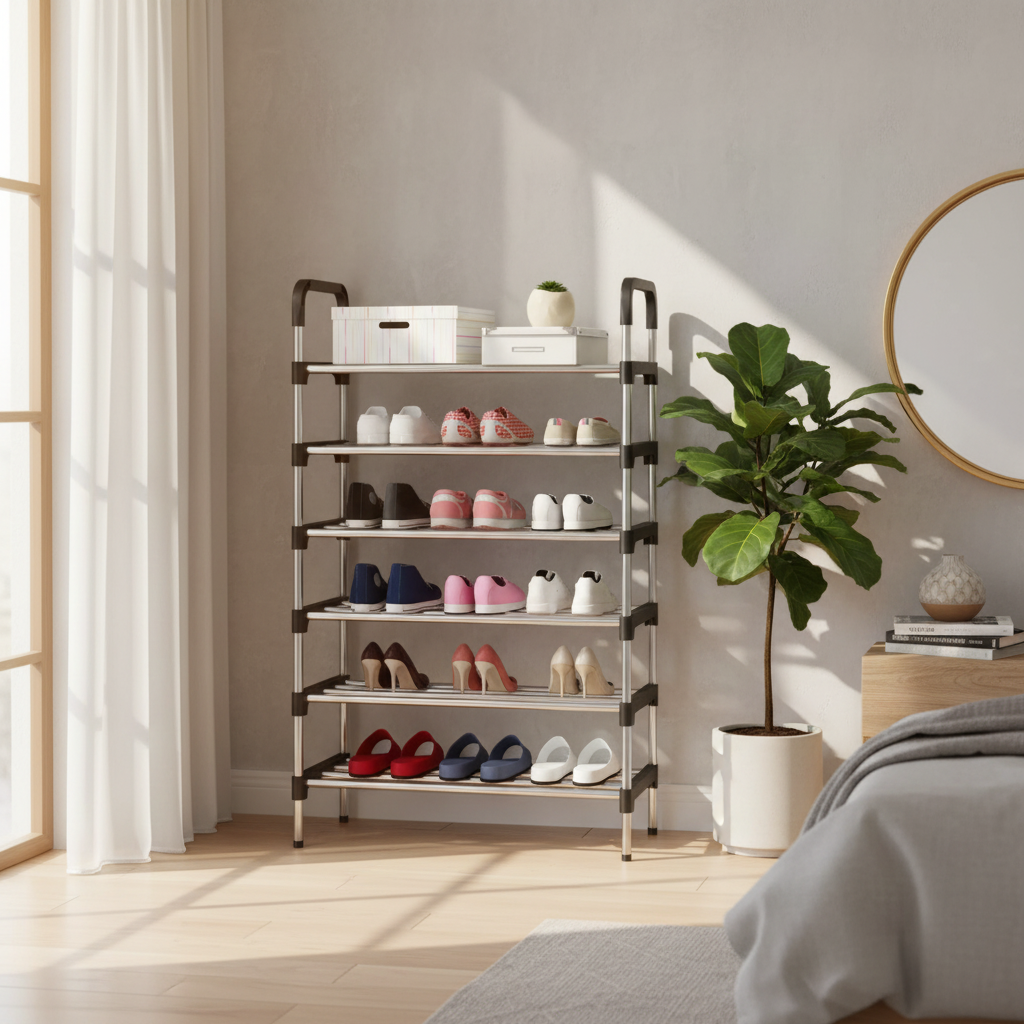 Zapatero metálico 6 niveles en habitación moderna lifestyle