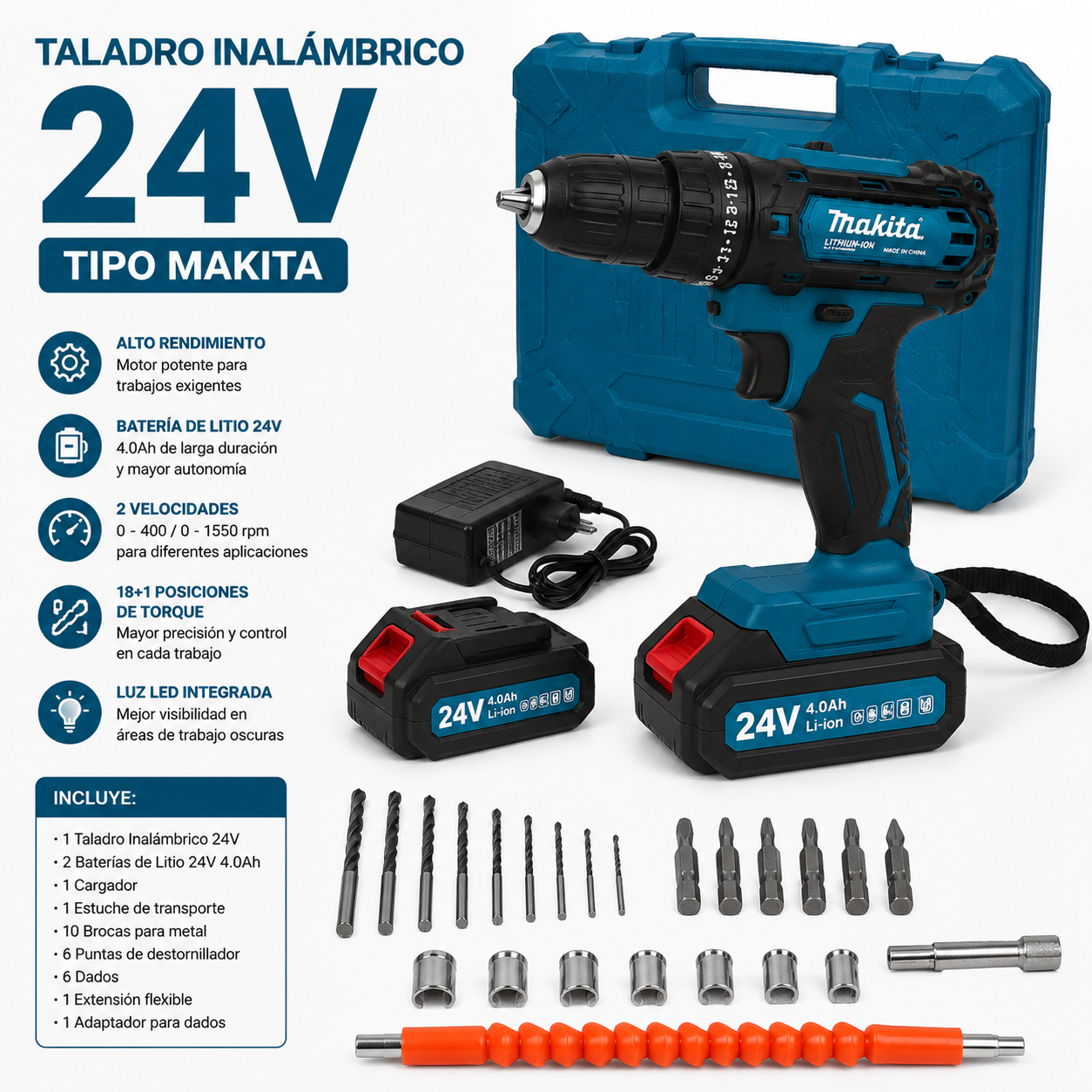 Taladro Inalámbrico 48V tipo Makita – Potente y Recargable