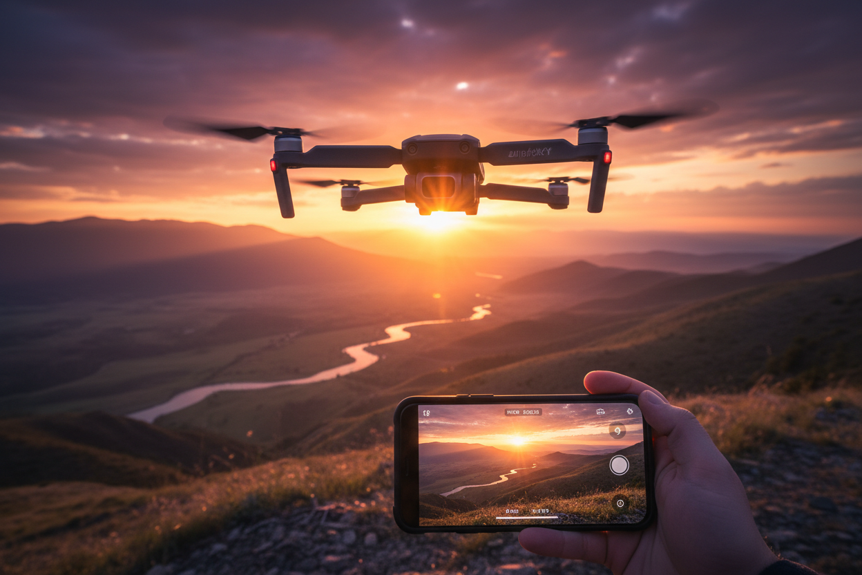 Drone volando al atardecer con transmisión en tiempo real