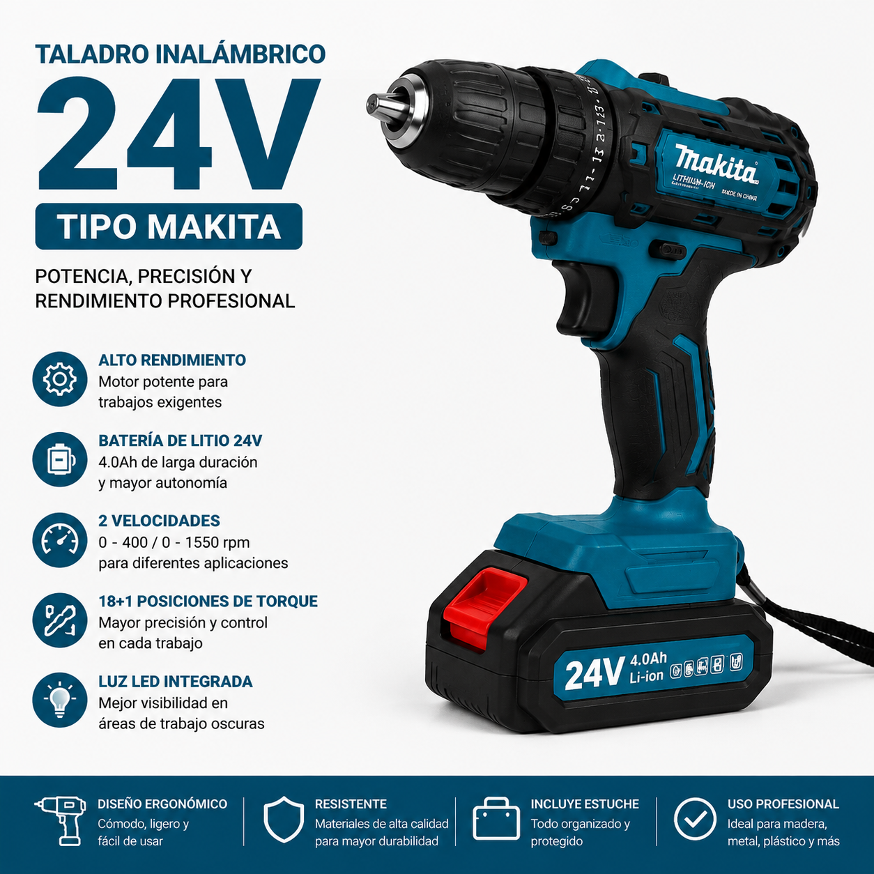 Taladro Inalámbrico 48V tipo Makita – Potente y Recargable