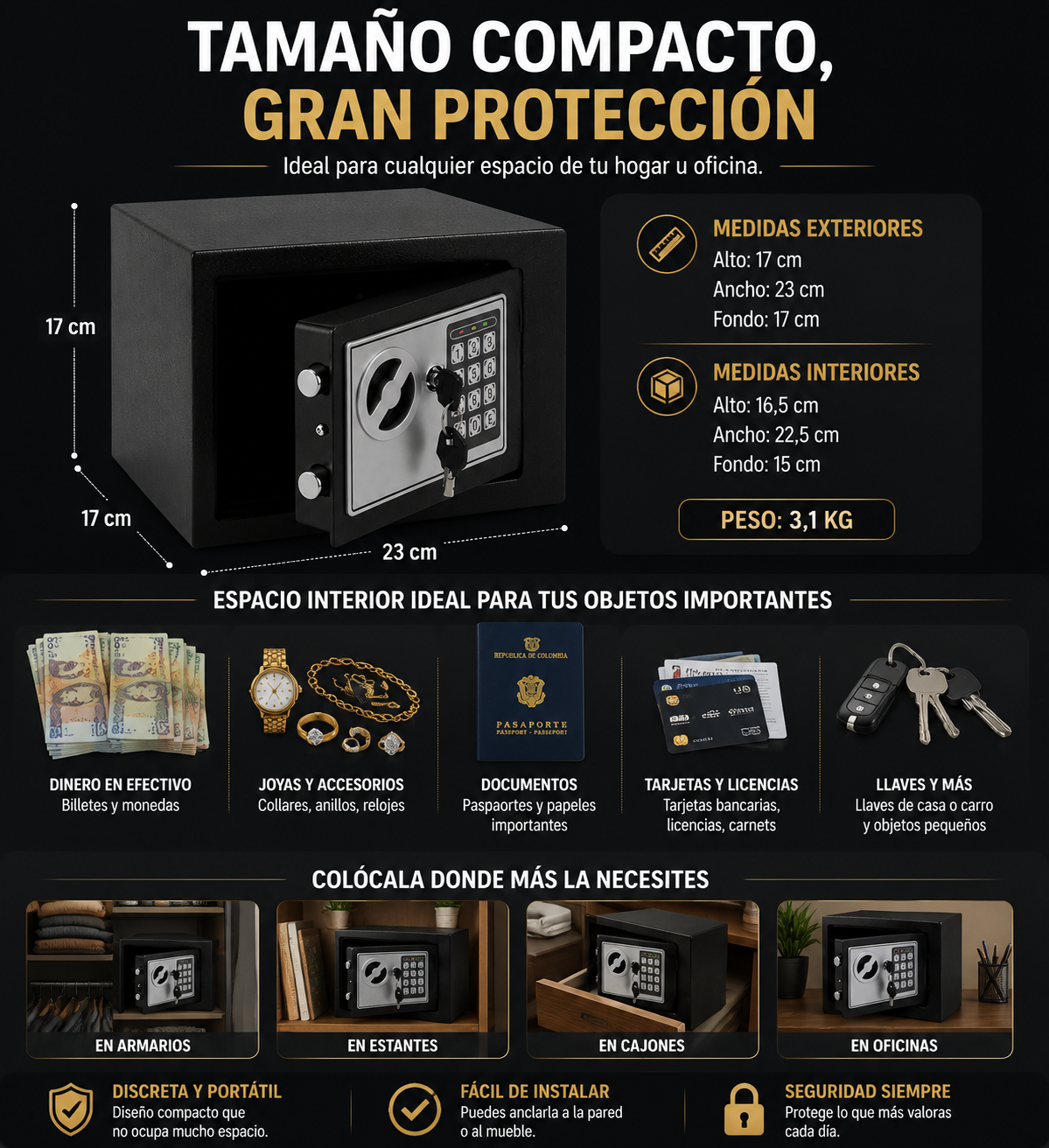 Tamaño compacto gran protección: medidas exteriores e interiores, dónde colocarla