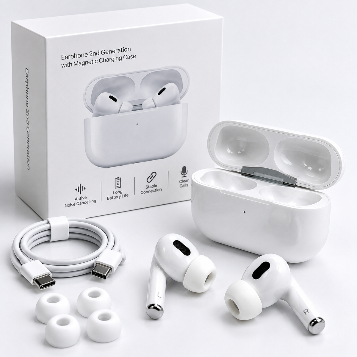 Audífonos Pro 2 inalámbricos blancos con estuche, cable y almohadillas