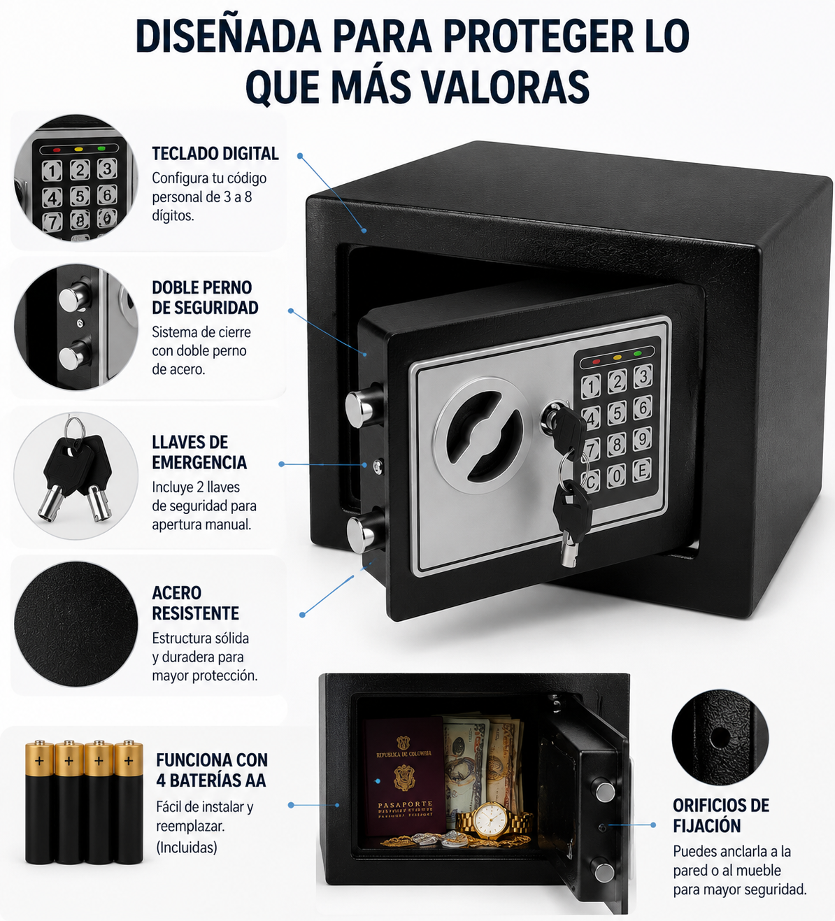 Espacio interior ideal: dimensiones 17x23x17 cm, dinero, joyas, documentos, pasaportes