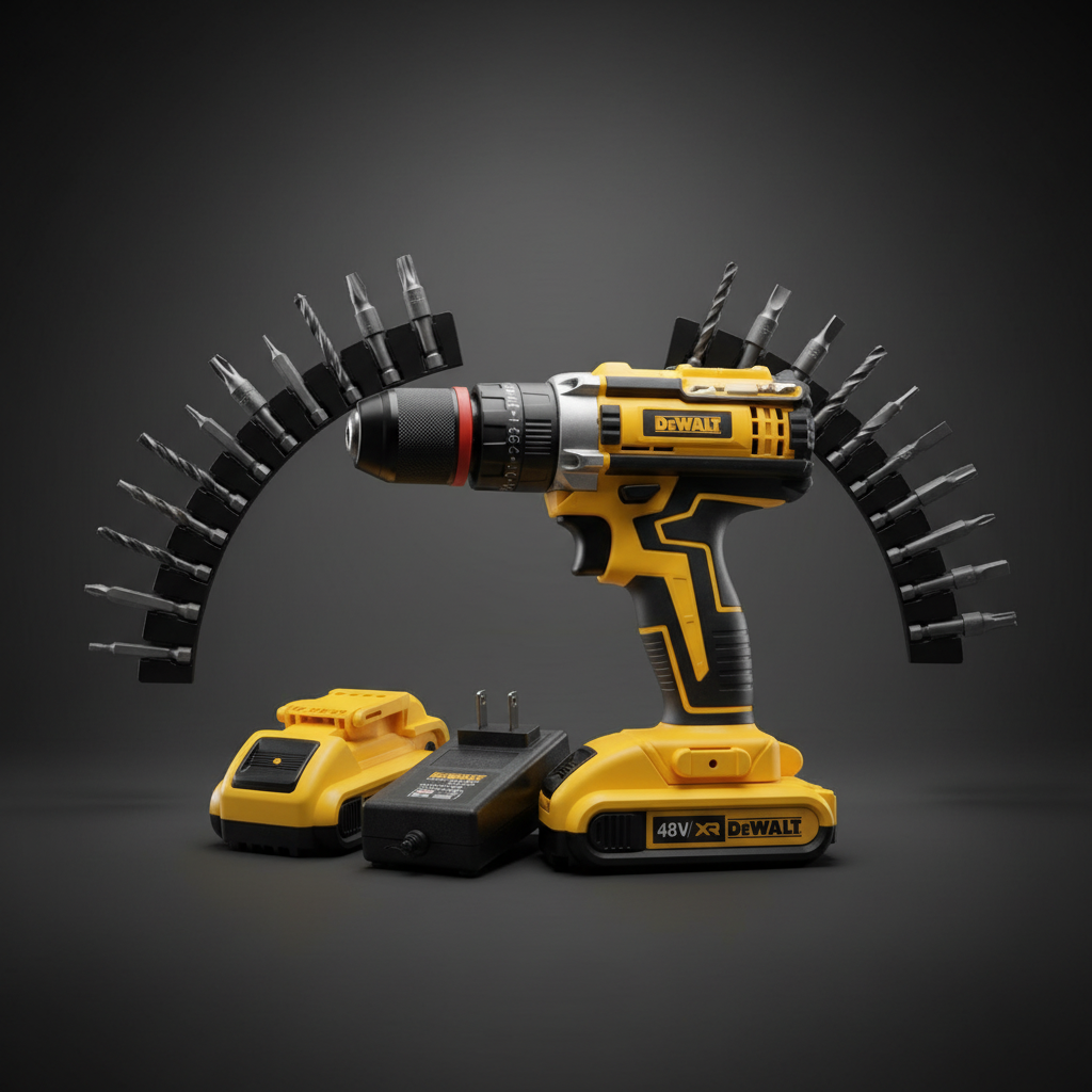 Taladro DeWalt 48V XR hero shot premium con iluminación dramática