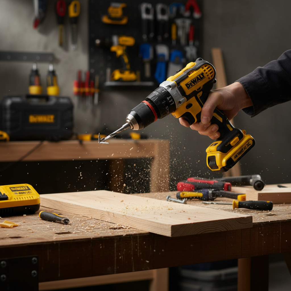 Taladro DeWalt 48V XR en uso en taller, estilo lifestyle