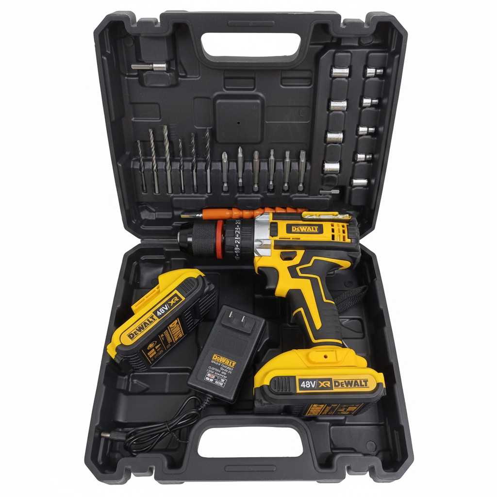 Kit completo taladro DeWalt 48V XR en maletín abierto, fondo blanco