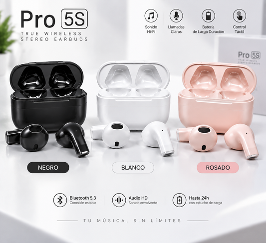 Audífonos Pro 5S™ Bluetooth 5.3 | Sonido HD, Control Táctil y Estuche de Carga